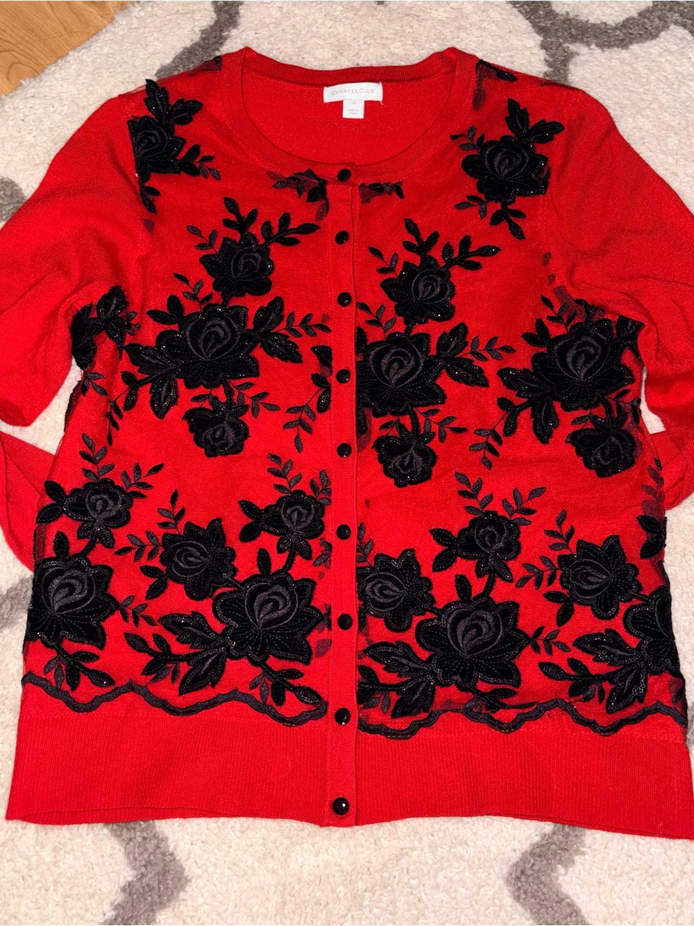 Charter Club Red Cardigan with Black Floral Appliqué